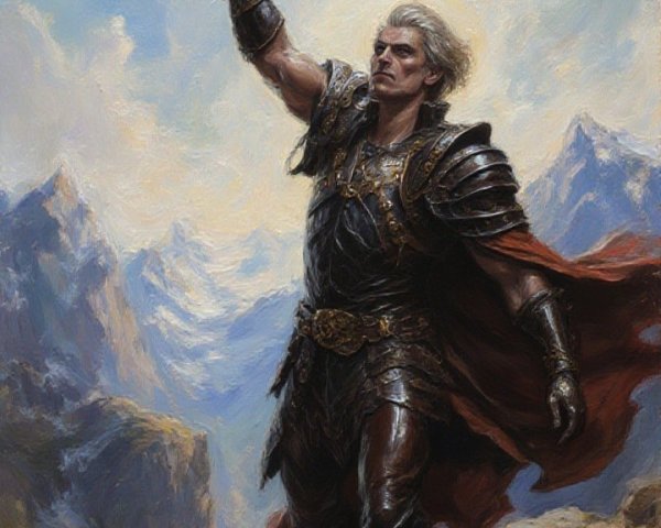 Muscular Warrior on Rocky Peak with Gleaming Sword