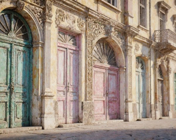 Ornate Weathered Doors on Charming Street Facade
