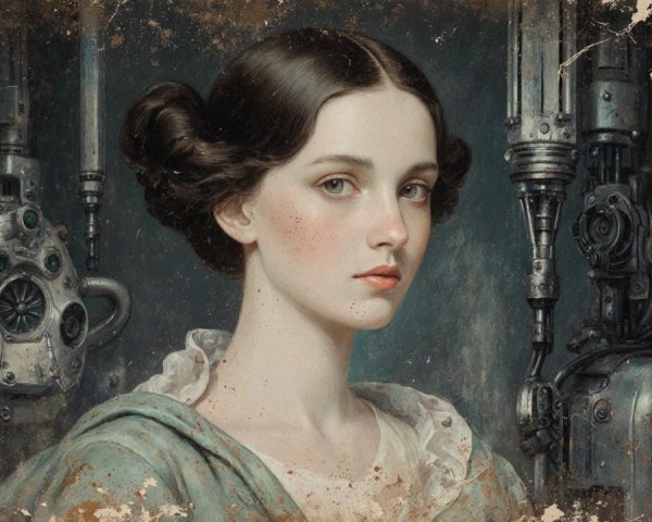 Young Woman with Buns in Steampunk Machinery Setting
