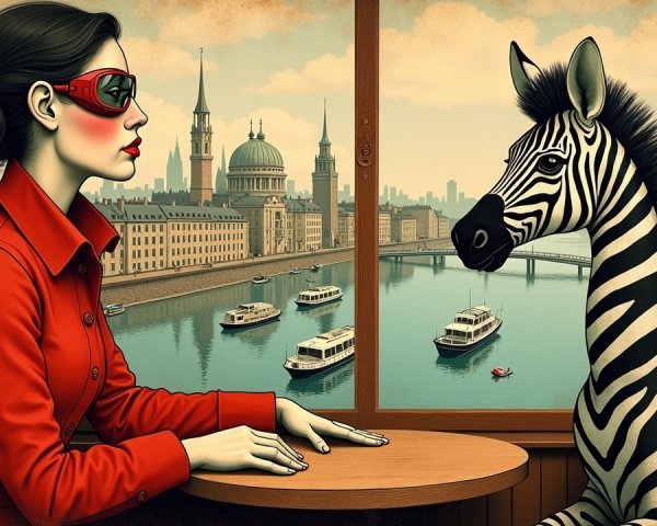 Fashionable Woman in Red Coat by Window with Zebra