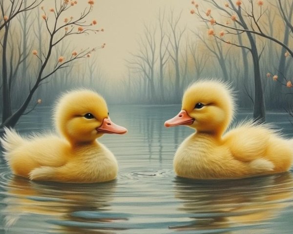Fluffy Ducklings on a Misty Pond in Springtime