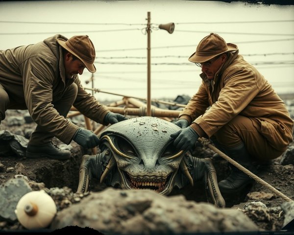 Men in Vintage Coats Examine Unearthed Alien Creature