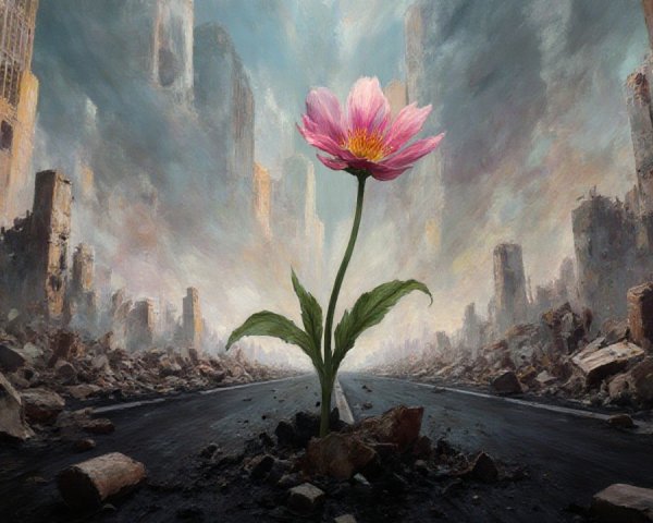 Vibrant Pink Flower in Post-Apocalyptic Landscape