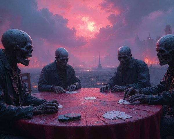Skeleton Figures at a Circular Table with Cards