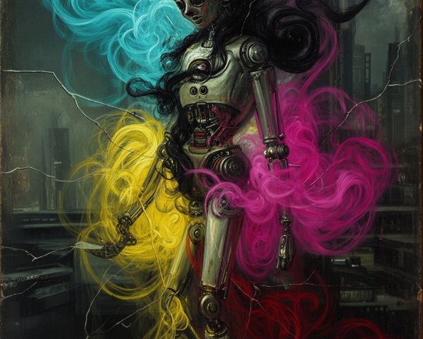 Dystopian Cyberpunk Robot in Vibrant Smoke Background