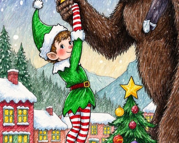 Cheerful Elf and Sasquatch in a Winter Wonderland Scene