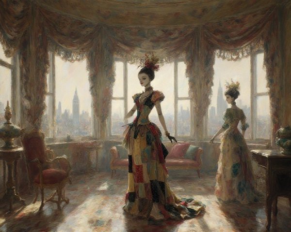 Victorian-era interior with elegantly dressed women