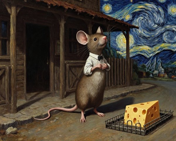 Dapper Mouse with Cheese in Starry Night Landscape