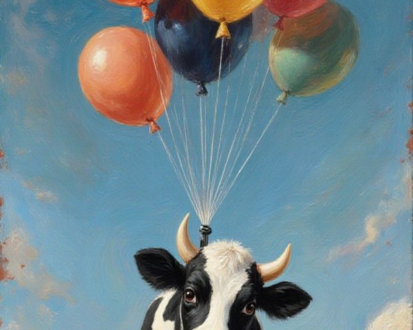 Cow Floating in Sky with Colorful Balloons and Clouds