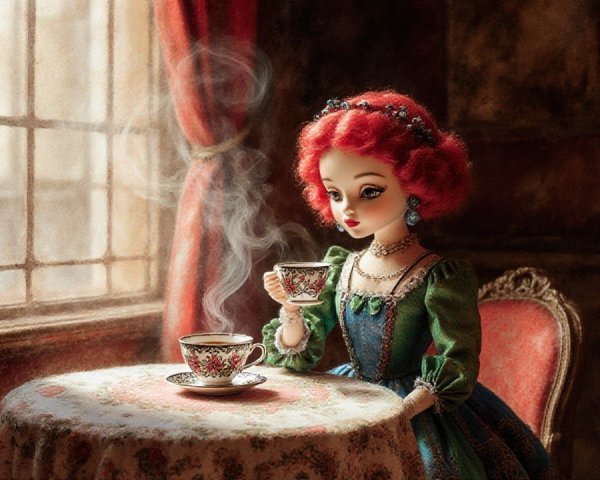 Doll with Red Hair in Vintage Decor and Teacup