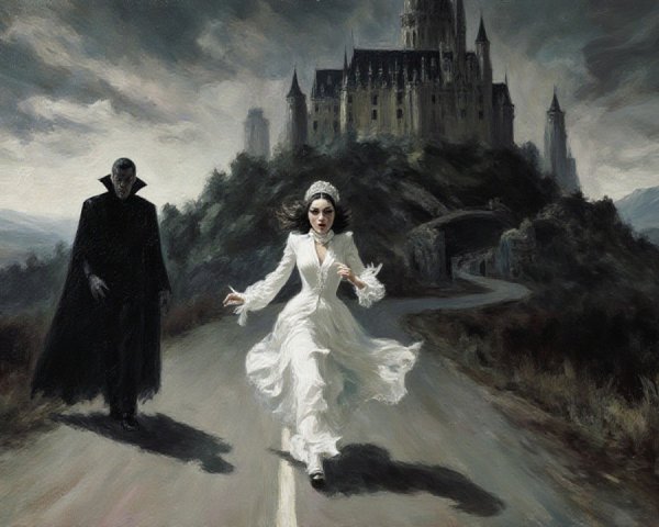 Woman in White Dress Running from Shadowy Figure
