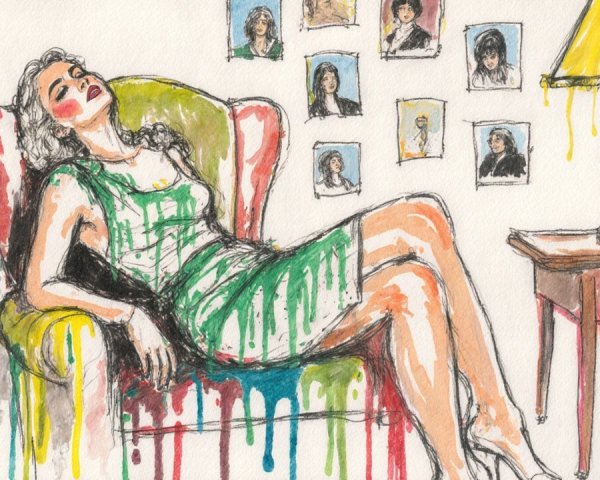 Woman in Colorful Armchair Surrounded by Art