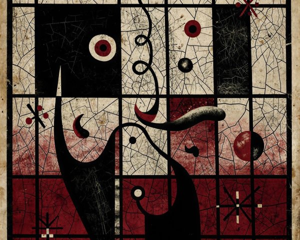 Surrealist Abstract Painting with Grid and Textured Elements