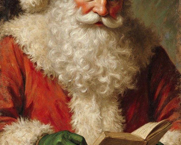 Santa Claus in Red Coat with Open Book and Festive Atmosphere