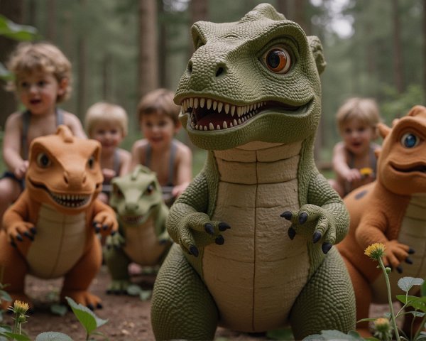 Children Riding Colorful Dinosaur Toys in a Forest