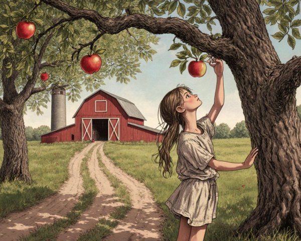 Young girl picking apple in serene countryside scene