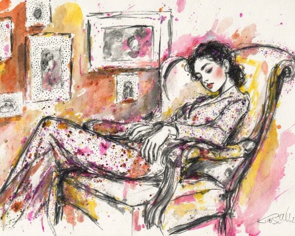 Graceful Woman in Elegant Armchair with Watercolor Art