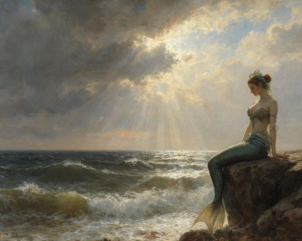 Mermaid on Rocky Shore with Ocean Waves and Sunlight