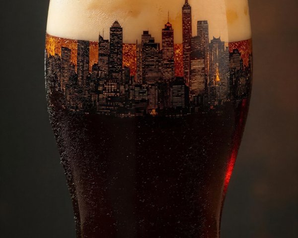 Close-up of a drinking glass with dark beverage and foam