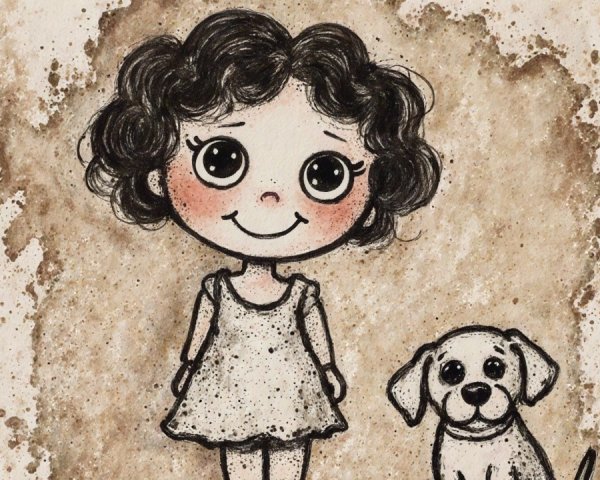 Young girl with dog in whimsical illustration
