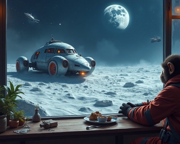 Monkey in Space Suit Observing Moon and Space Vehicle
