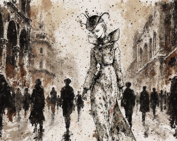 Elegant figure in gown amid misty urban street scene