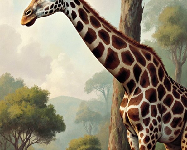 Giraffe in Serene Landscape with Bird and Greenery