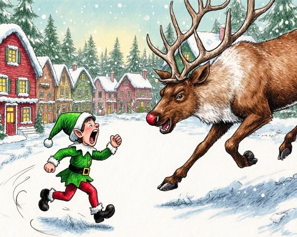 Whimsical Winter Scene with Elf and Reindeer in Village