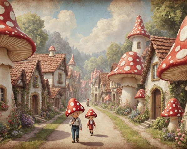 Whimsical Village with Oversized Mushrooms and Cottages