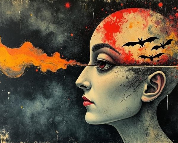 Bald Woman with Vibrant Colors and Bats in Artwork