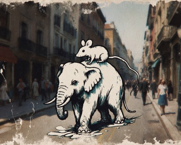 Elephant and Mouse in a Vibrant Urban Street Scene