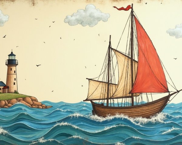Coastal Scene with Lighthouse and Sailboat on Waves