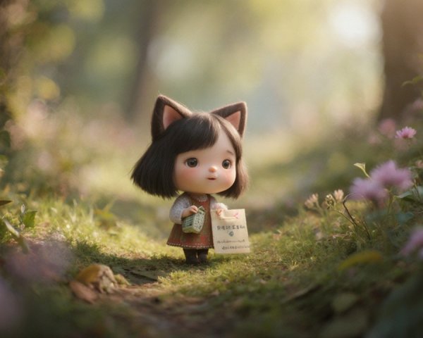 Small doll with cat ears in a sunlit forest path