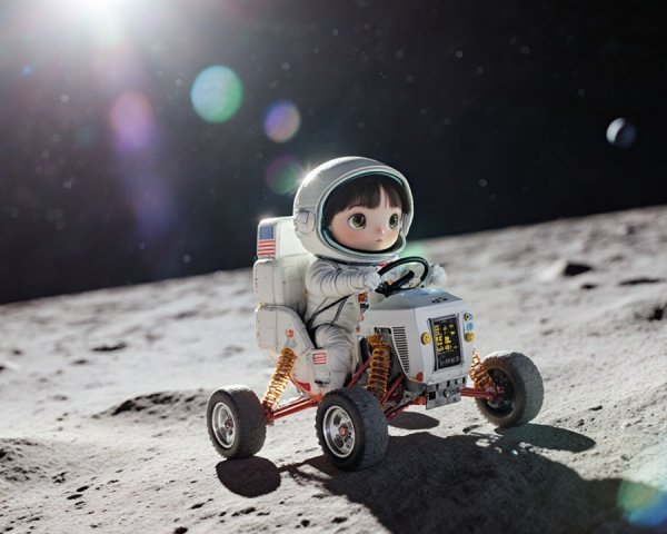 Cartoon Astronaut Child Driving Lunar Rover on Moon