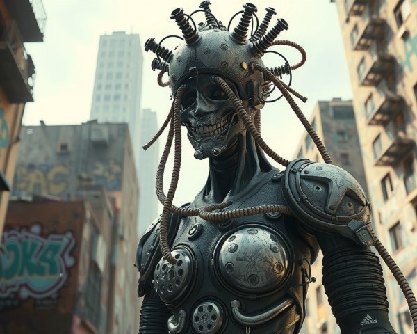 Humanoid Robot in Graffiti-Covered Urban Setting