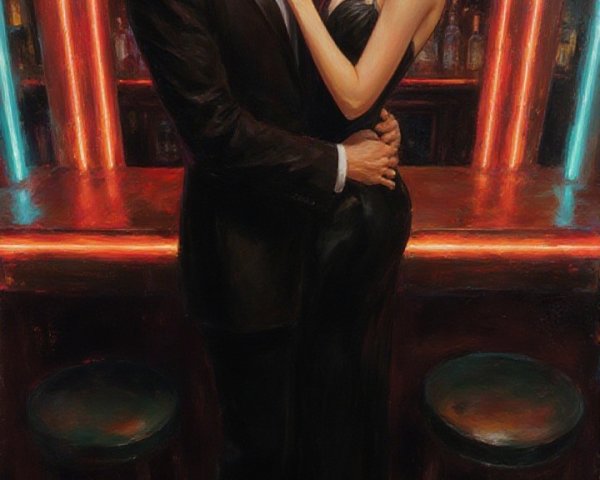 Elegant Couple in Dimly Lit Bar with Neon Lights