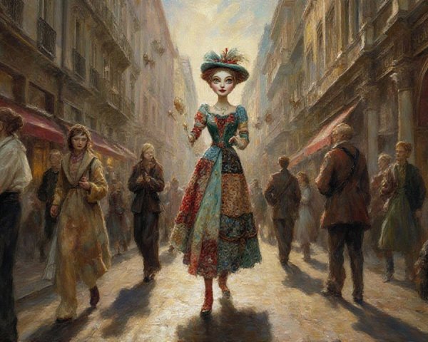 Young Woman in Vibrant Patchwork Dress on Busy Street