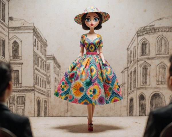 Stylish Doll on Runway in Colorful Tie-Dye Dress