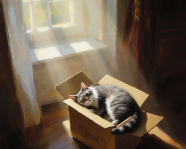 Cozy Cat Sleeping in Cardboard Box with Sunlight