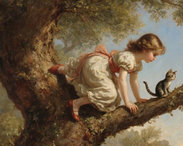 Young girl in white dress explores tree branch with cat