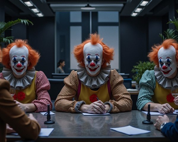 Clowns in Colorful Costumes in Modern Conference Room