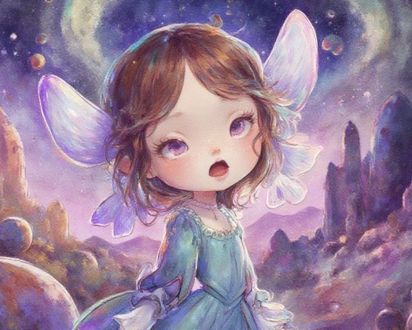 Whimsical Fairy Girl in Cosmic Dream Landscape