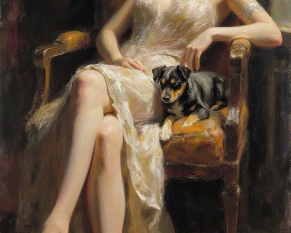 Relaxed Woman in Sheer Gown with Black Dog