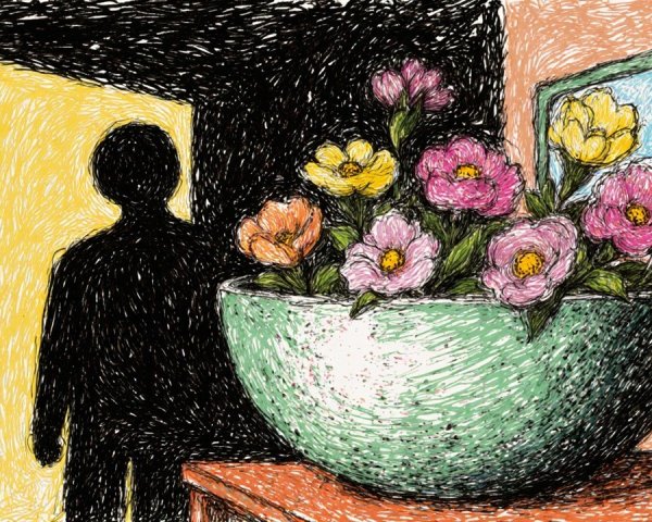 Colorful Flower Bowl on Wooden Table with Shadowy Figure