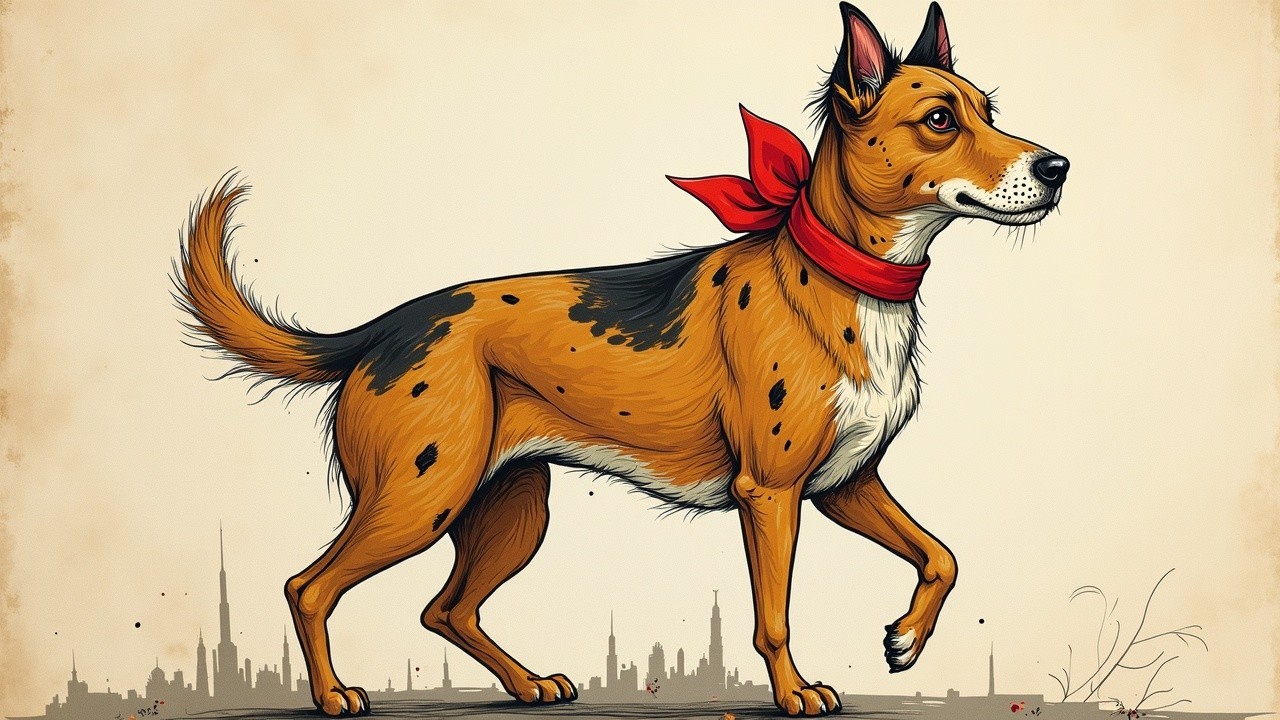 Cheerful Anthropomorphic Dog with Urban Skyline Background