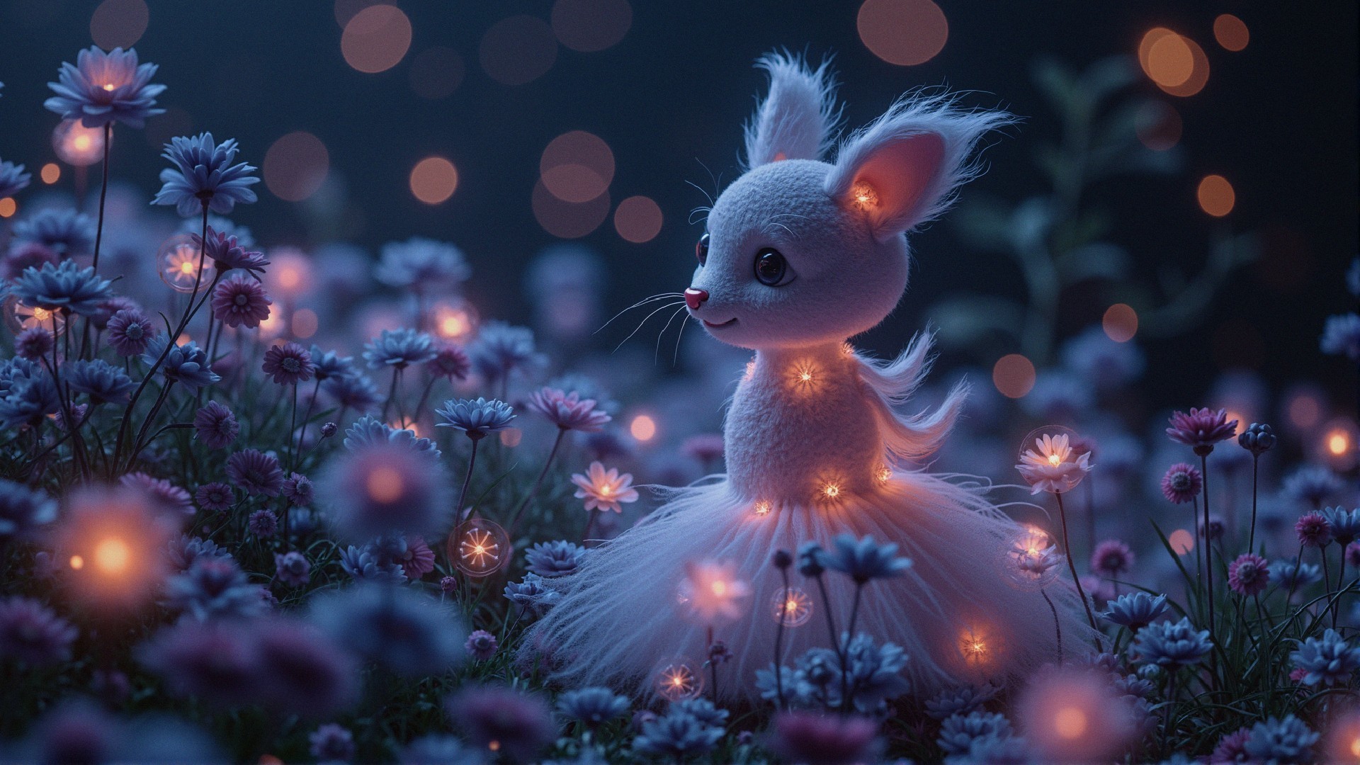 Fluffy White Creature in Twilight Flower Field
