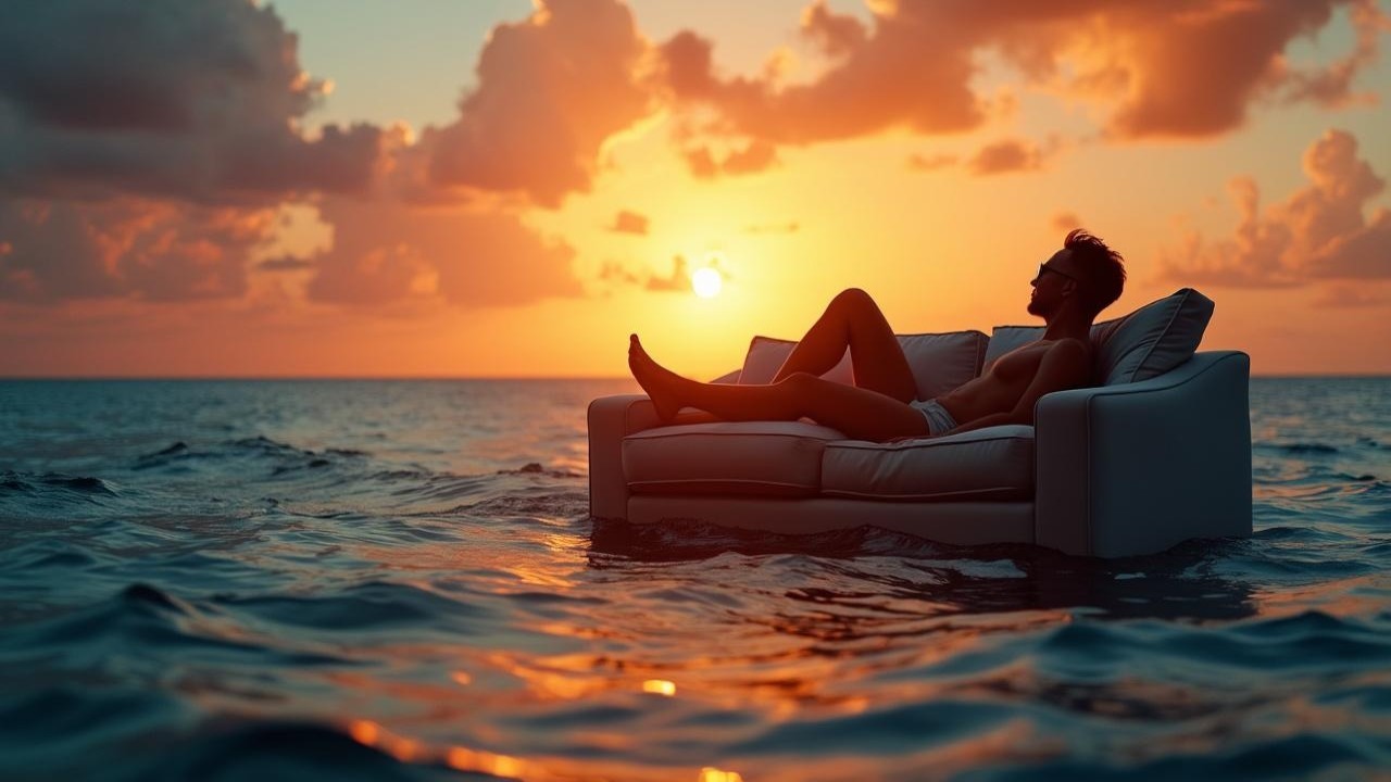 Serene Sunset Over Tranquil Ocean with Young Man