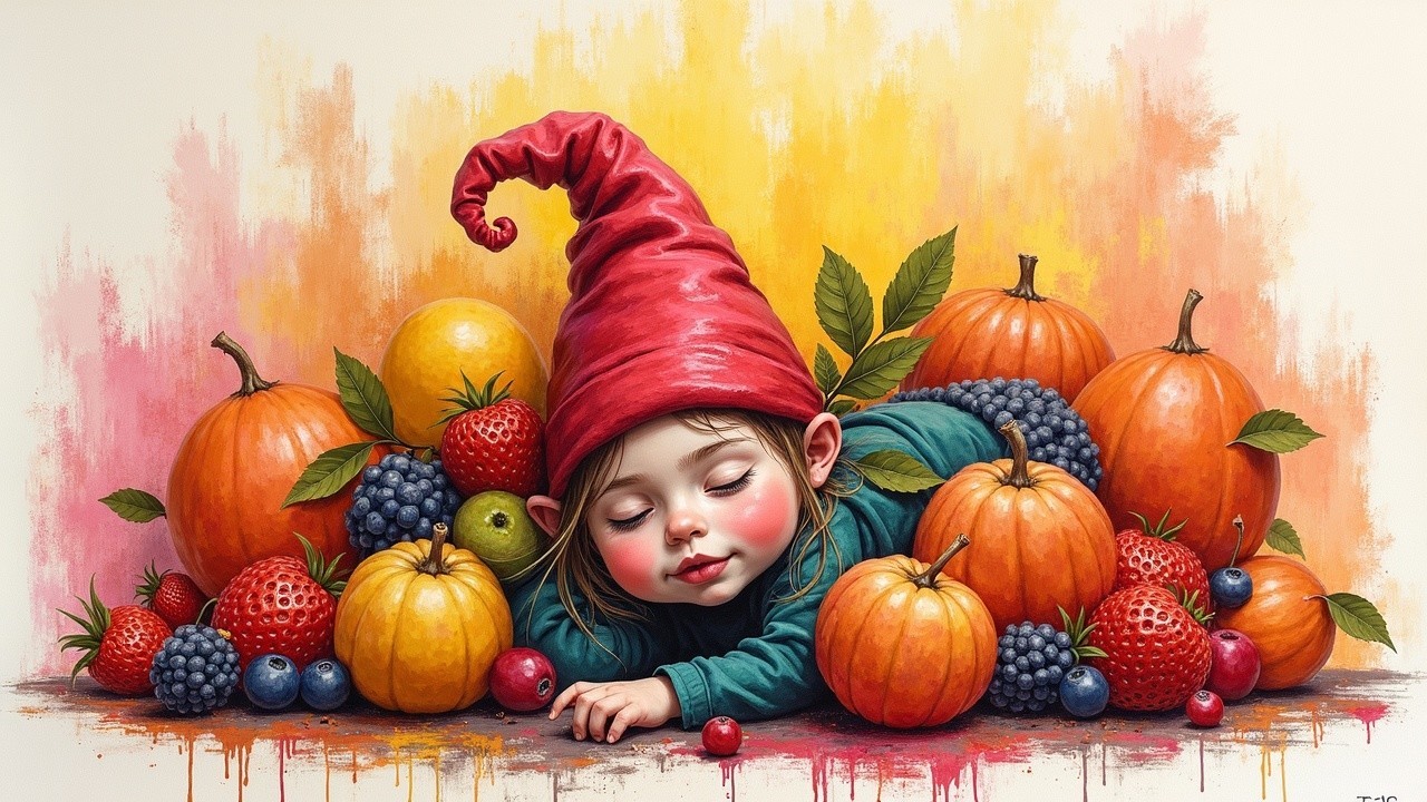 Child in red gnome hat sleeping among colorful fruits