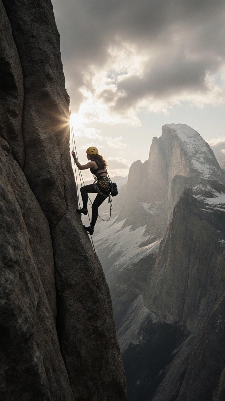 Climber on Cliffside with Mountainous Sunset View