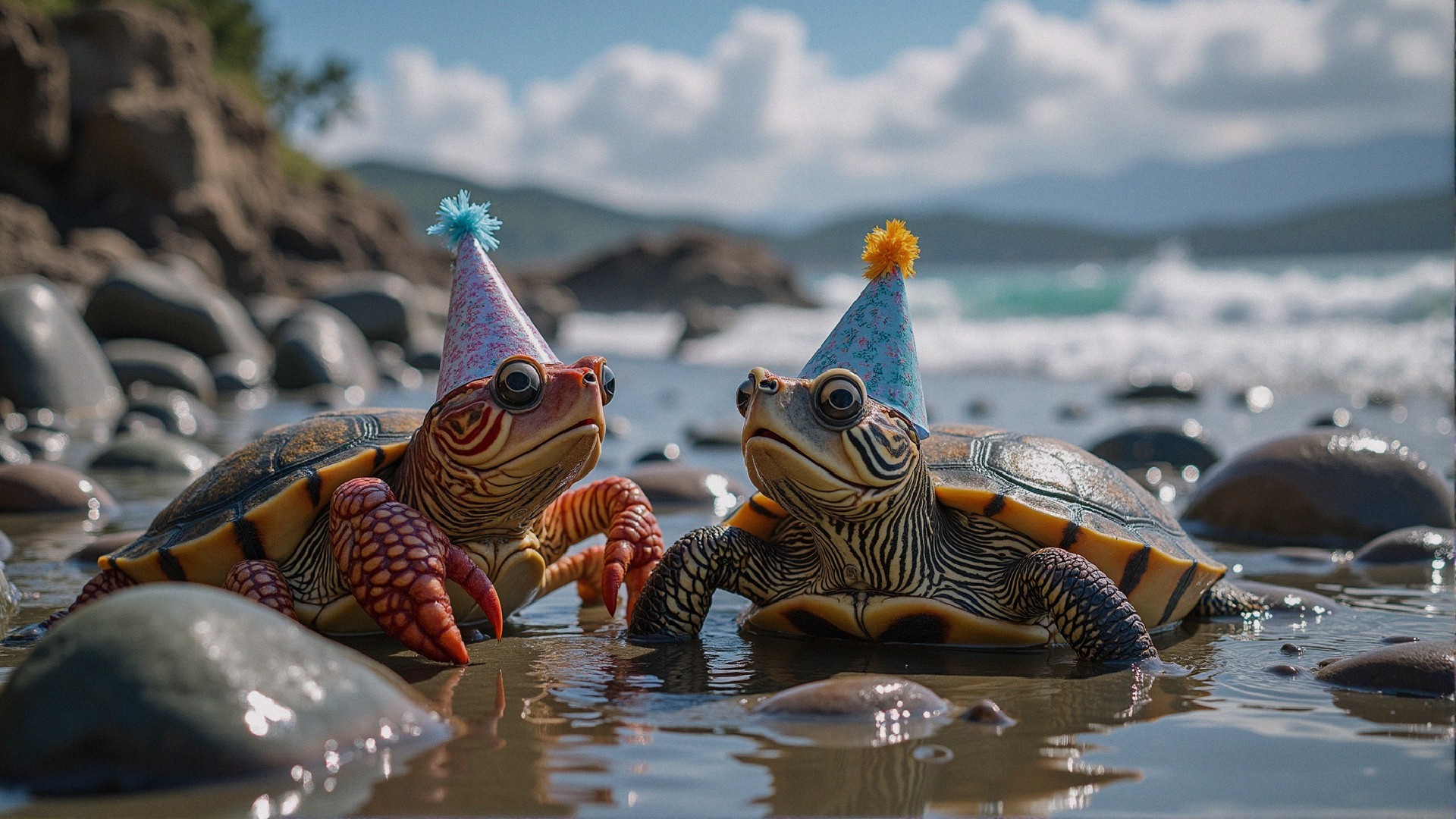 Colorful Turtles in Festive Hats on Rocky Beach